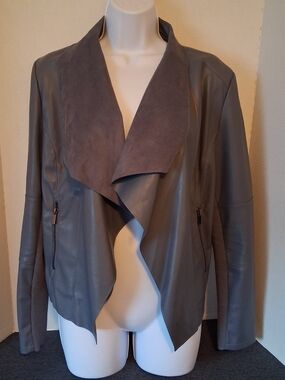 Bagatelle Blue-Gray Pleather-Blend Open Draped Jacket With Real Zipper Pockets M